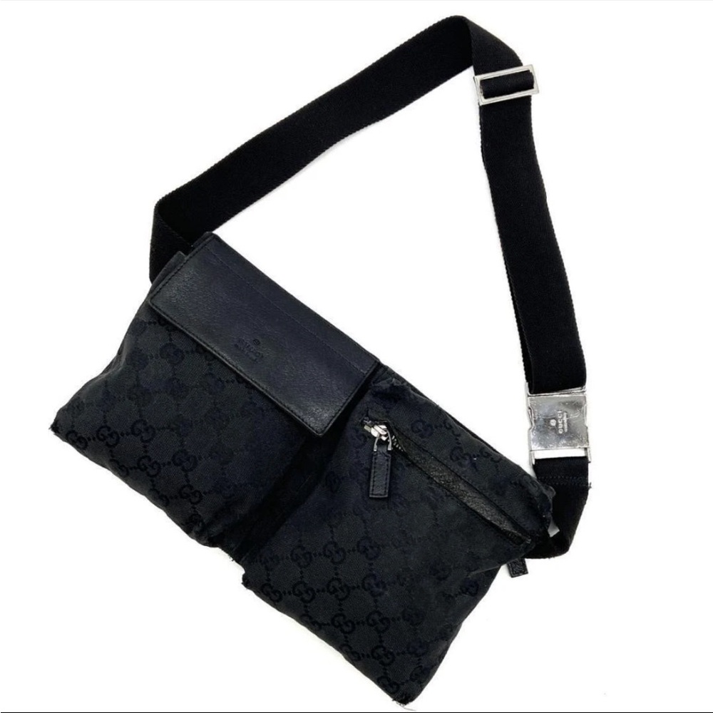 GUCCI GG Monogram Canvas Black Bum Bag Fanny Pack Waist Belt Bag